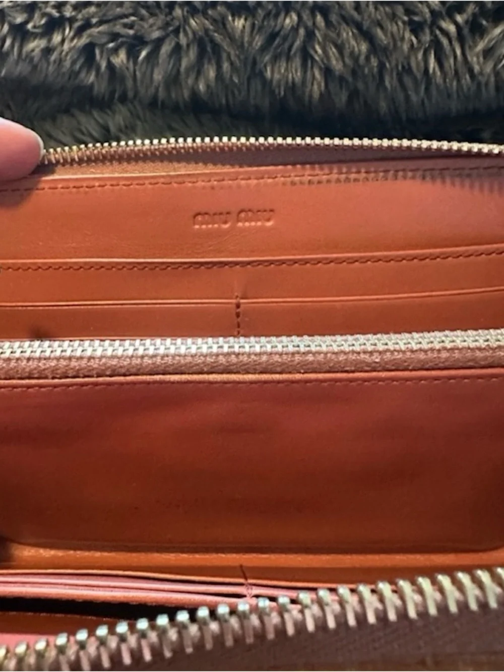 Miu Miu- Authentic 🍀 Croc-Embossed Patent Leather Zip Wallet in Cognac Brown